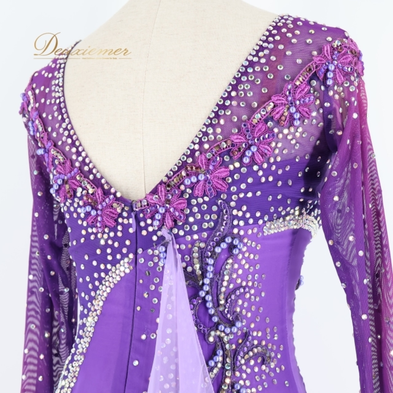 社交ダンス 衣装 スタンダードドレス ワンピース ドレス スタンダード 紫 フロート レース デモ 競技 ダンス パーティ 発表会 パープル系 エレガント 上品 おしゃれ フェミニン ステージ衣装 パーティー用 ダンスパフォーマンス