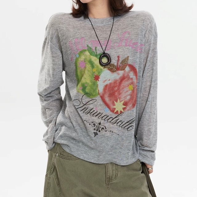 アップルモチーフシアーロングスリーブTシャツ 2col R02546