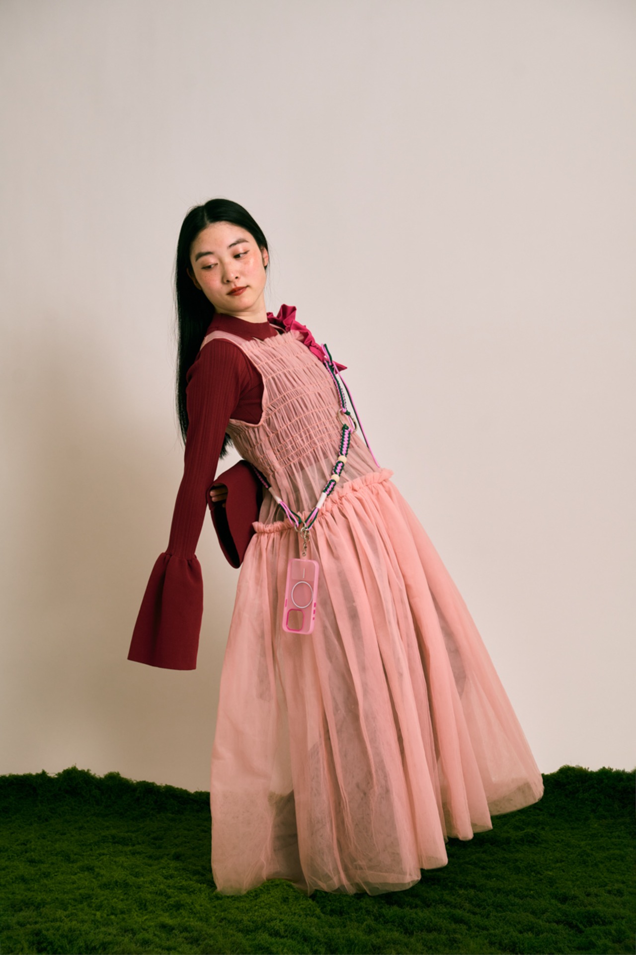 bi-tone frill strap Pink×Green