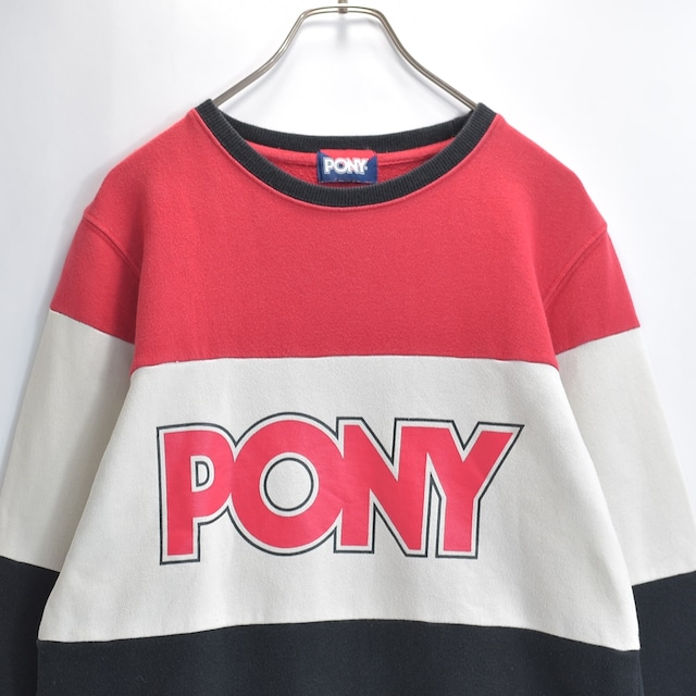 PONY ポニー スウェット トレーナー 裏起毛 切替 クルーネック ビッグロゴ オールド レトロ アメカジ レッド ホワイト ブラック USED ヴィンテージ ビンテージ 古着 メンズSサイズ相当