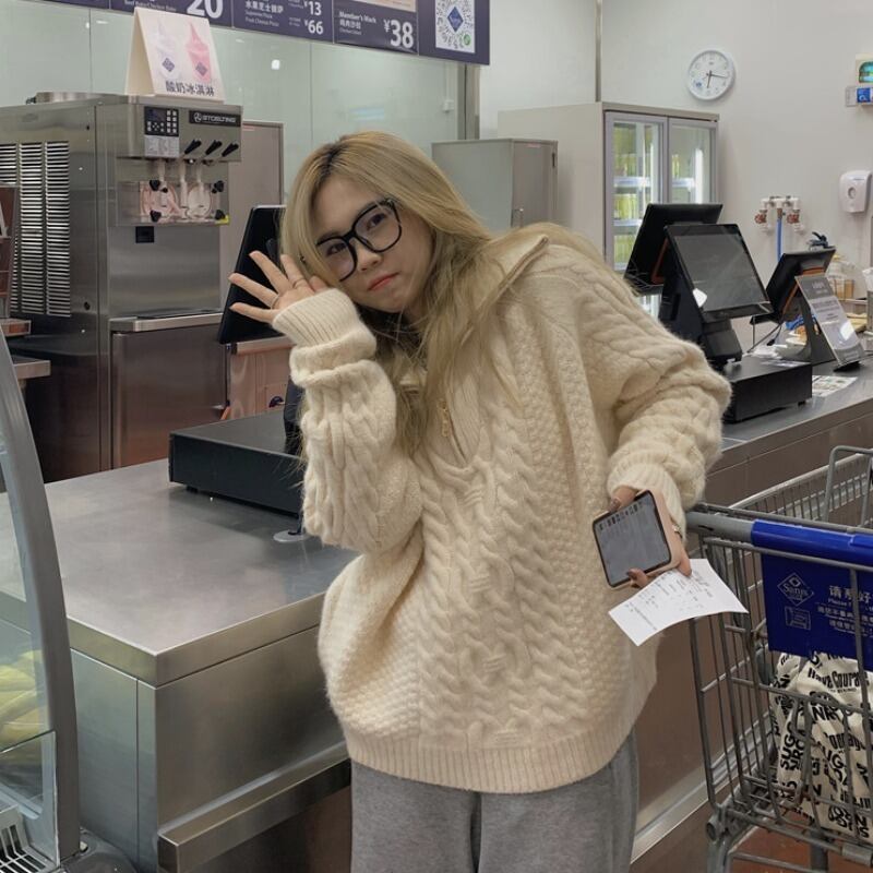 ルーズジッパーセーター オータムウィンターニットトップス 秋物 冬物 萌量不足52219197801