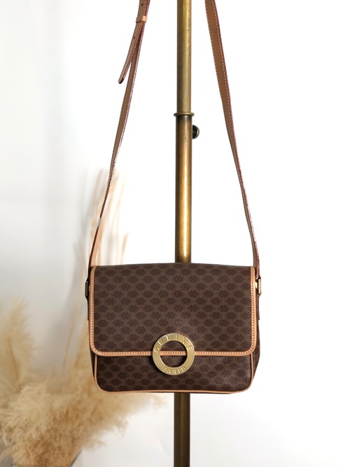CELINE セリーヌ マカダム ショルダーバッグ ブラウン サークルロゴ PVC レザー 4ks7pb