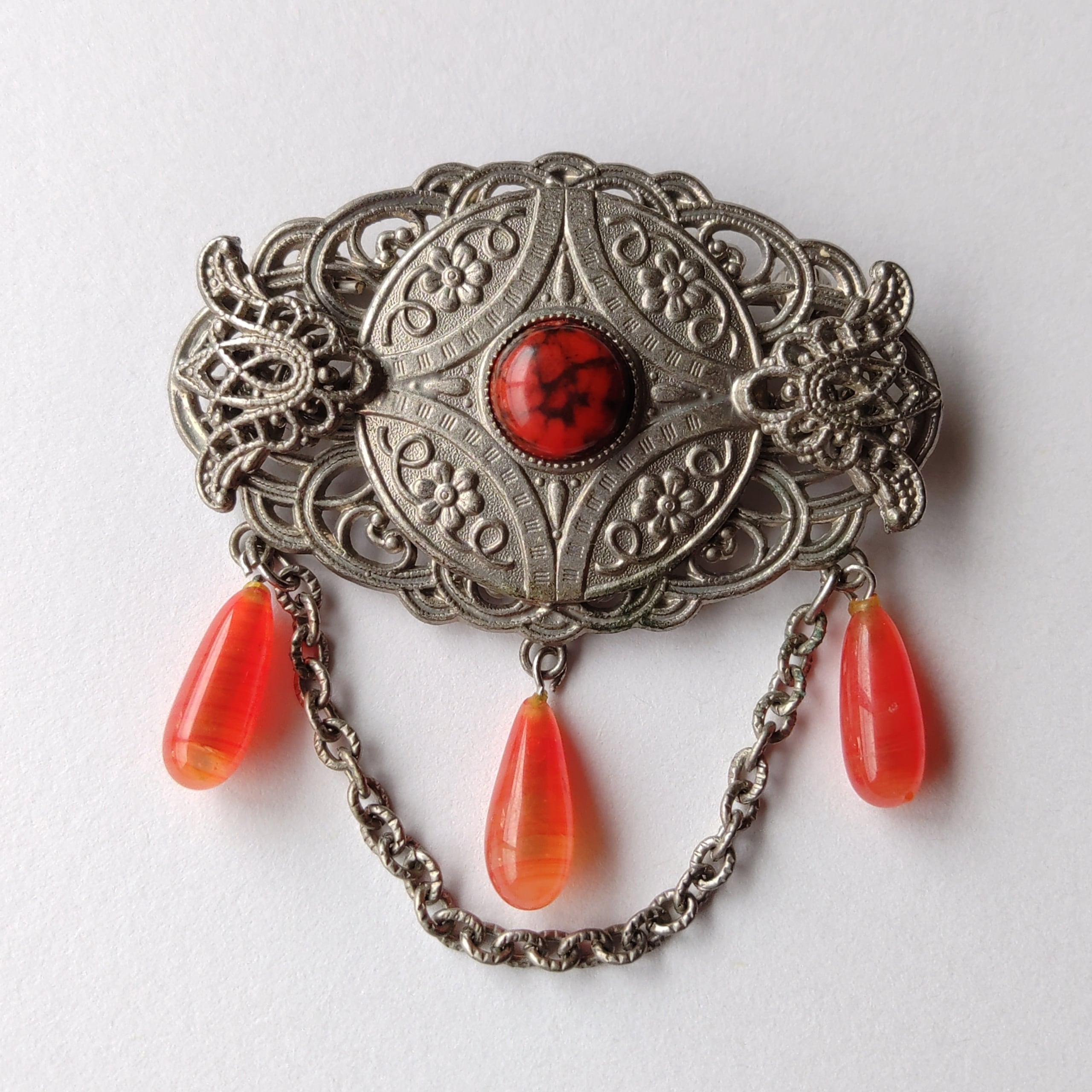 silver orange beads dangle vintage brooch ヴィンテージブローチ