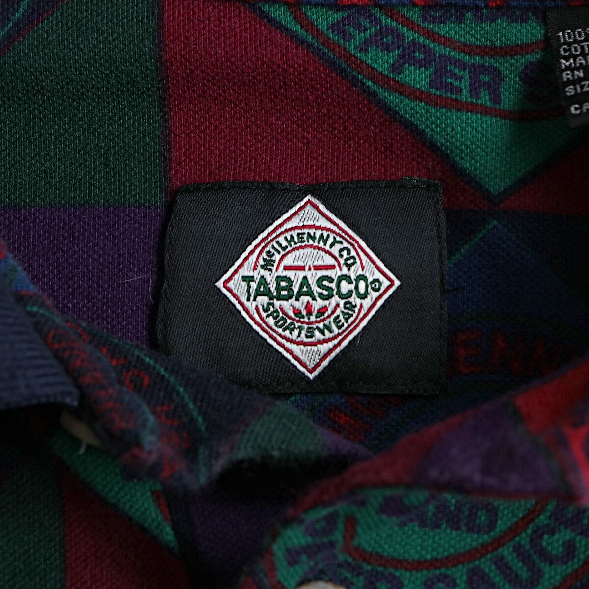 90s~ Tabasco タバスコ 総柄 ロゴ ポロシャツ 古着 used | khaki