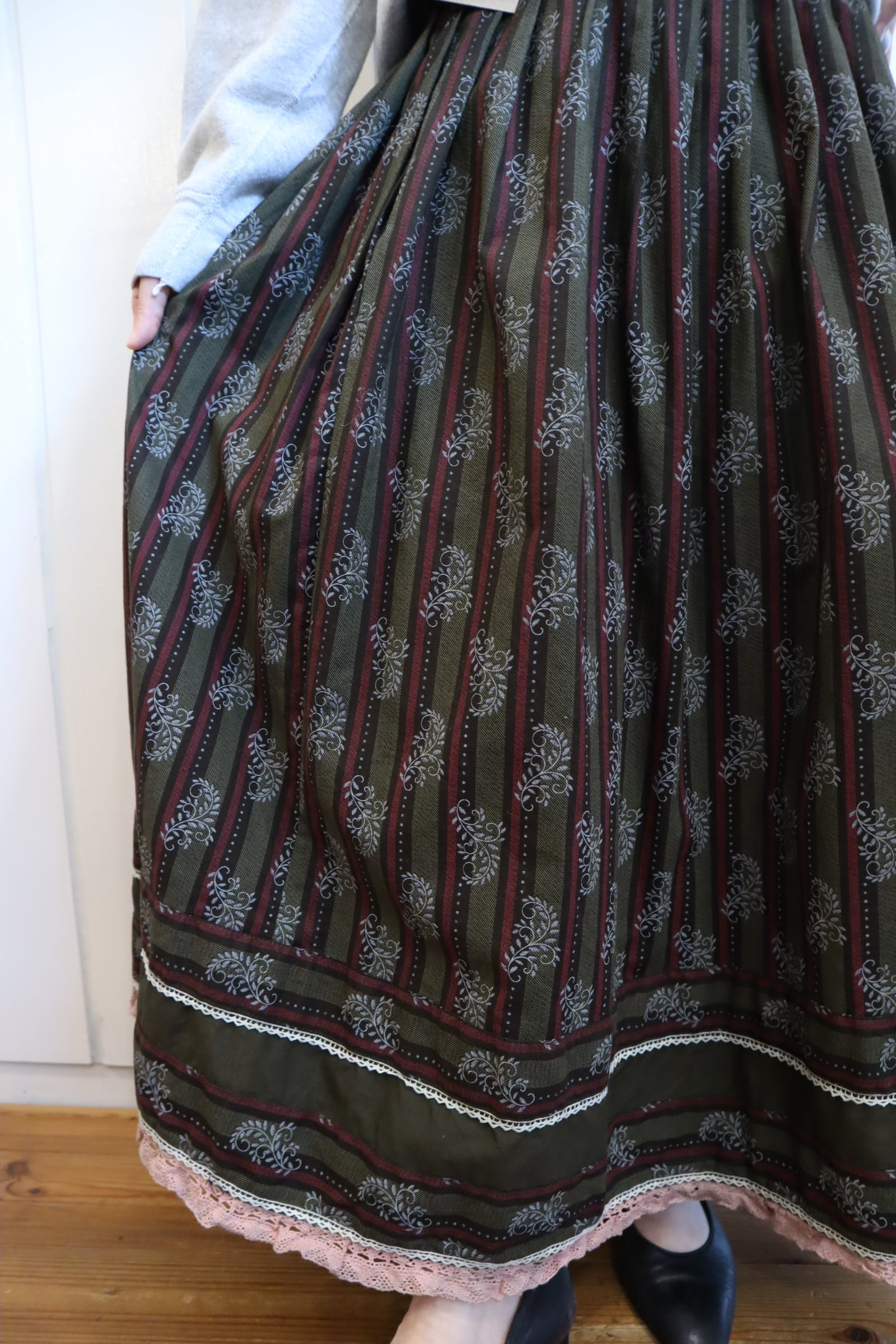 70s lightgreen×colorful flower pattern long skirt [l-2777