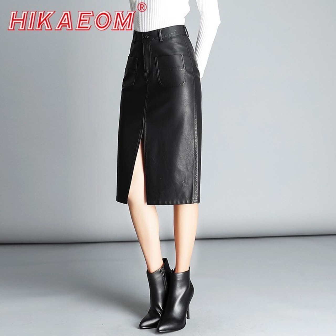 革スカート女画像 スプリットレザースカートレディース PU レザーセクシーなビッグポケットウエストレザースカート女性ミッドボディコンスカート黒ベルト ブラック ハーネス  | ds.select