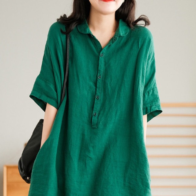 レディース トップス シャツ ロング丈 五分袖 袖あり 襟付き 角襟 ボタン リネン かわいい 大人可愛い シンプル カジュアル おしゃれ レトロ アジアン ラフ ルーズ ナチュラル 無地 夏 秋 20代 30代 40代 デート お出かけ リゾート 旅行 海 レストラン ビーチ 公園 休日 バカンス ショッピング カフェ 楽ちん 普段使い 着回し M L XL 2XL 大きいサイズ ゆったり 白 ホワイト 黄色 イエロー オレンジ 緑 グリーン 大人カラー 春カラー 秋カラー カラバリ