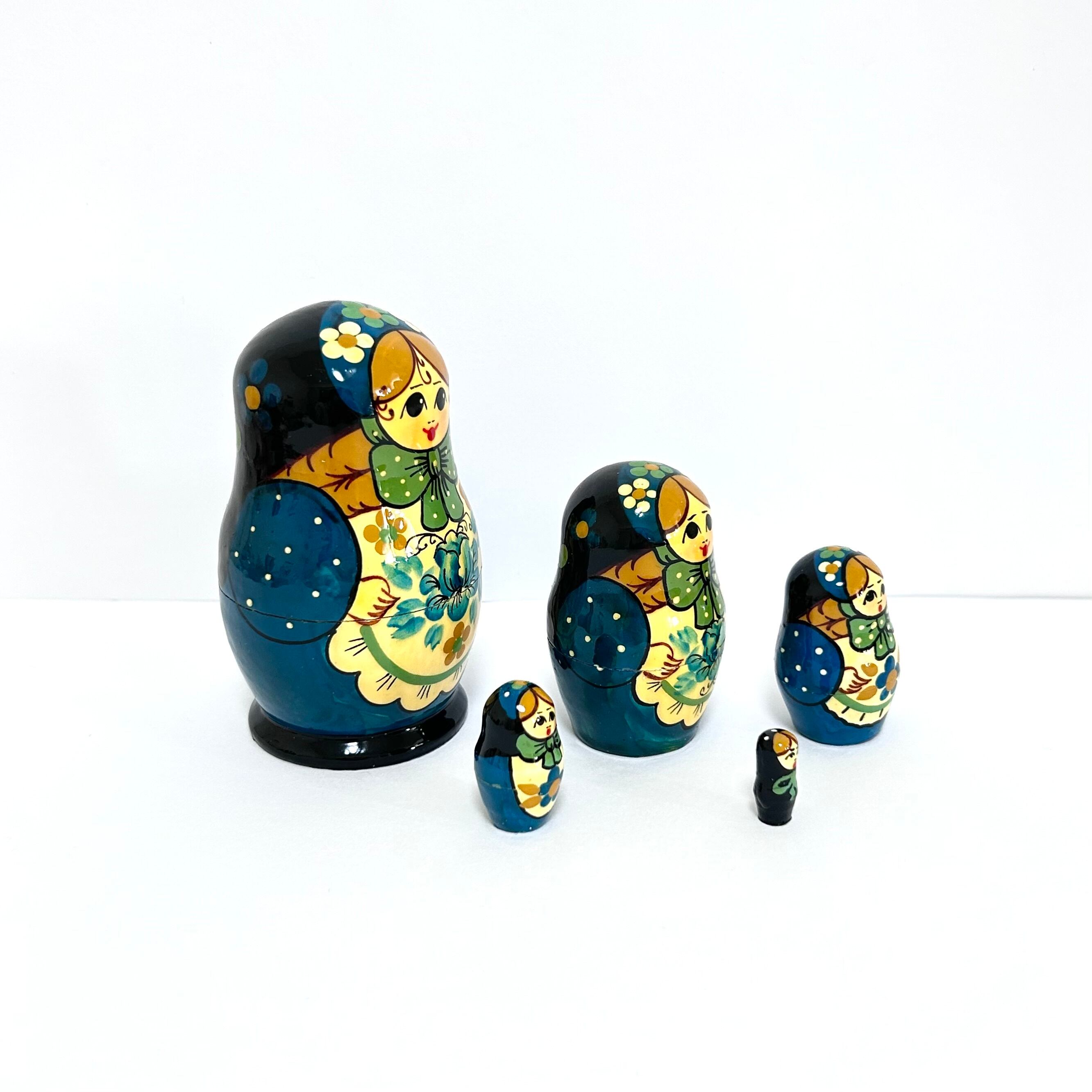 フラワー ブルー マトリョーシカ 9.5cm 5ピース ロシア製 セルギエフパサード