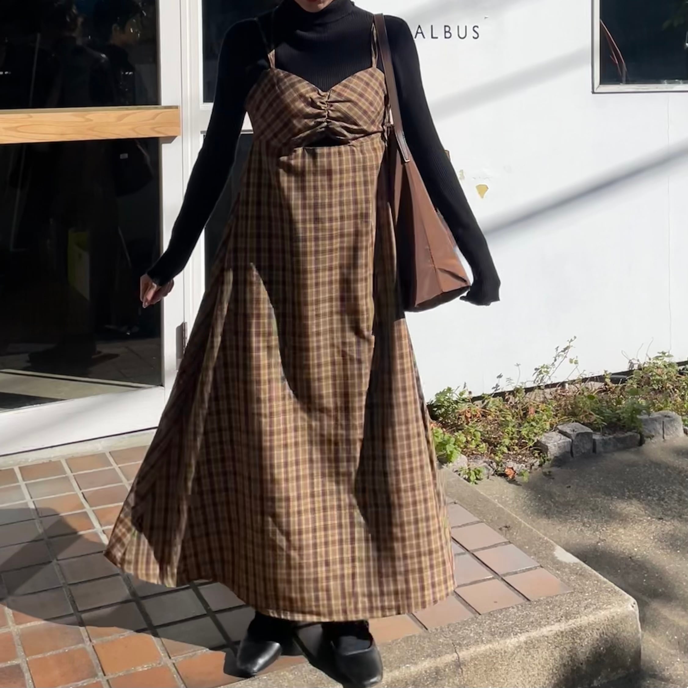 チェック柄カットアウトキャミワンピース【オリーブ】/