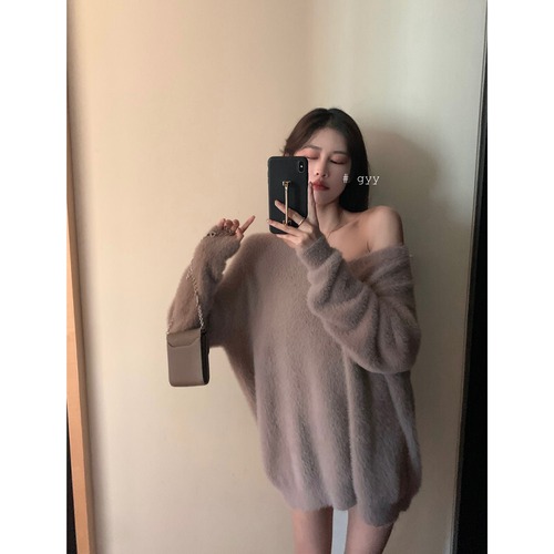 Vネックストラップレスセーター スタンダードルーズプルオーバー ロング レトロ ウィンター 冬物 ガールズファッション60004597727