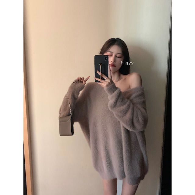 Vネックストラップレスセーター スタンダードルーズプルオーバー ロング レトロ ウィンター 冬物 ガールズファッション60004597727