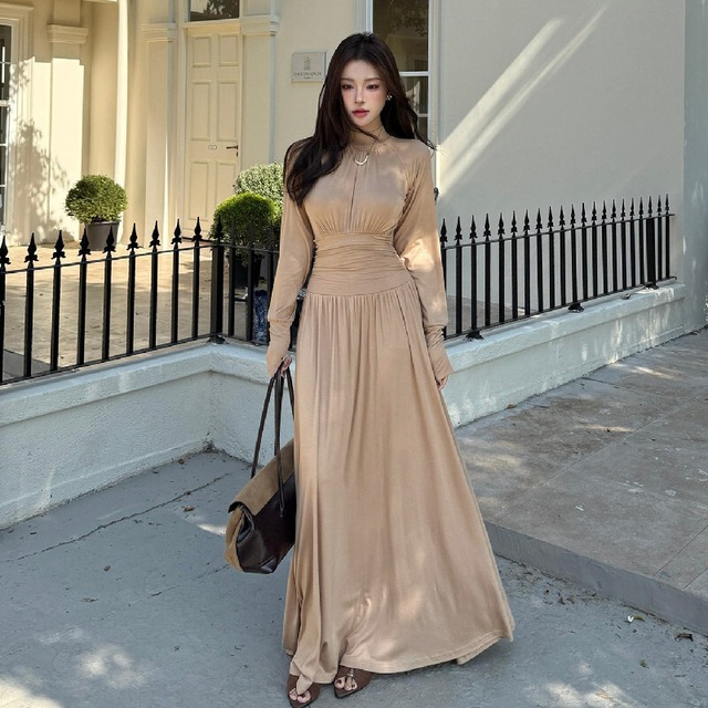 ロングワンピース バックリボン ウエストイン 無地 エレガント S M L