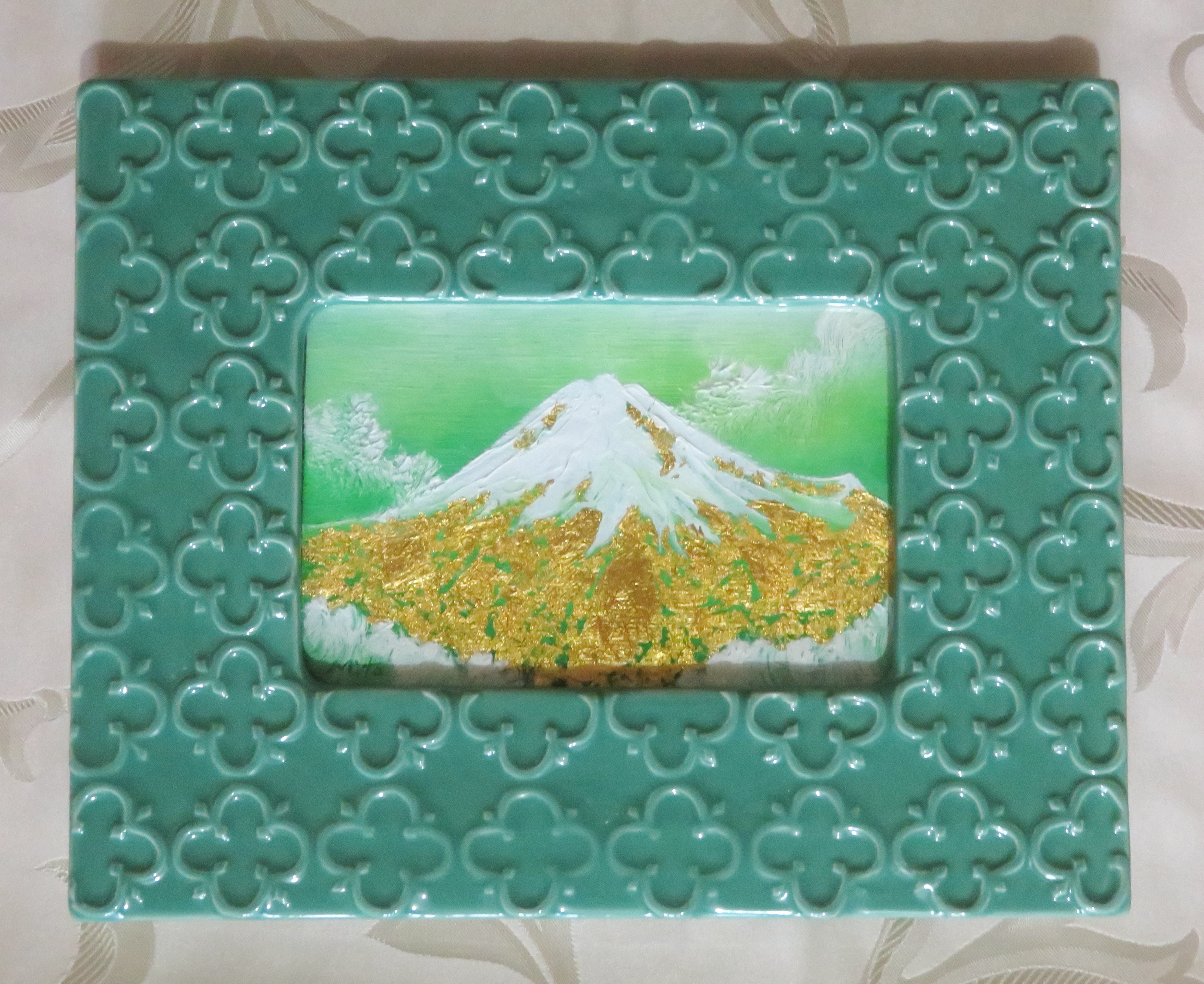 黄金の富士山～緑富士 R5－36】油絵+純金24k金箔 F3号 真筆画1点