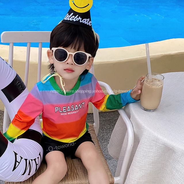【80-130㎝】セットアップ　レインボー　長袖　ラッシュガード　韓国風子供服 キッズ水着 男の子　女の子 ベビー 子供用 子供水着　