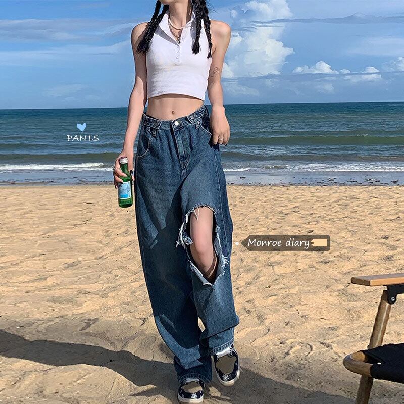 ハイウェストウェストジーンズ サマー薄手ルーズパンツ 夏物 モンロー24040045856