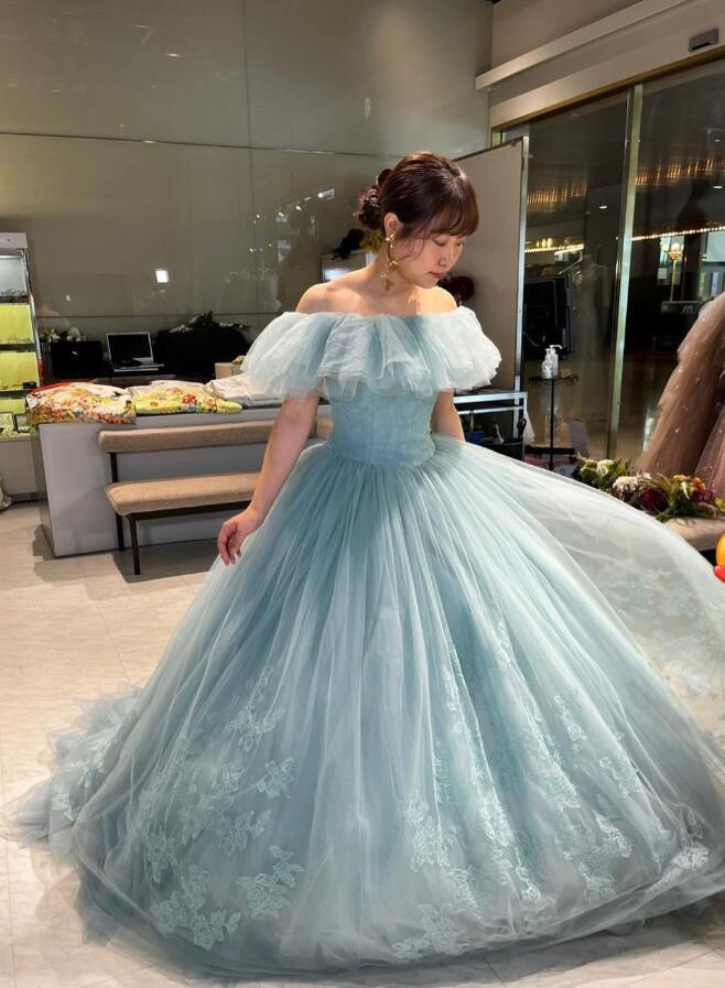 爽やかで優しいブルー カラードレス ソフトチュール ベアトップ 透け  