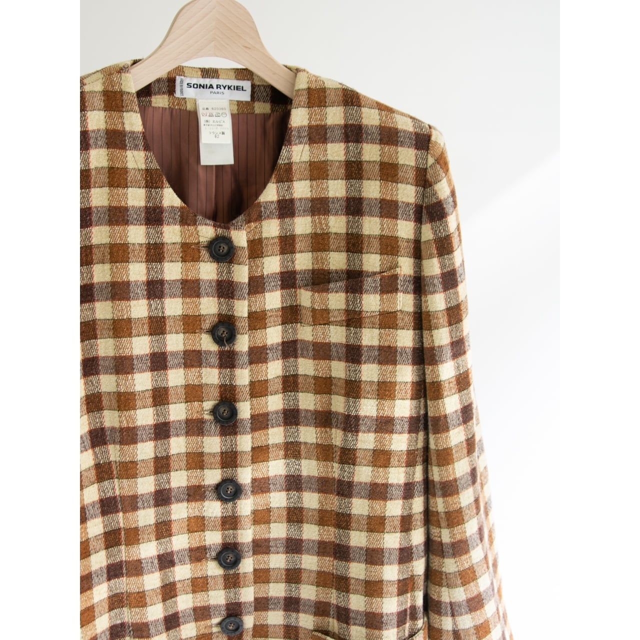 【SONIA RYKIEL】Made in France Viscose-Wool-Cotton Collarless Jacket（ソニアリキエル フランス製ウール混 ノーカラーチェックジャケット）