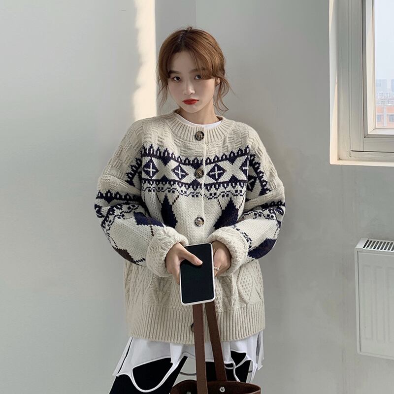 スプリングオータムスタンダードスタイルカーディガンセーター ニットトップス レトロ 春物 秋物 試着室32319606160