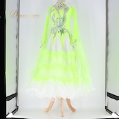 社交ダンス 衣装 スタンダードドレス ワンピース ドレス スタンダード フロート レース フリル 黄緑 蛍光 ホワイト 白 デモ 競技 ダンス パーティ 発表会 グリーン系 蛍光カラー ふんわり 華やか コスチューム フェスティバル 舞台衣装 発表会用 デモ用衣装 ダンス衣装 社交ダンス用 フェミニン 可愛い 競技用