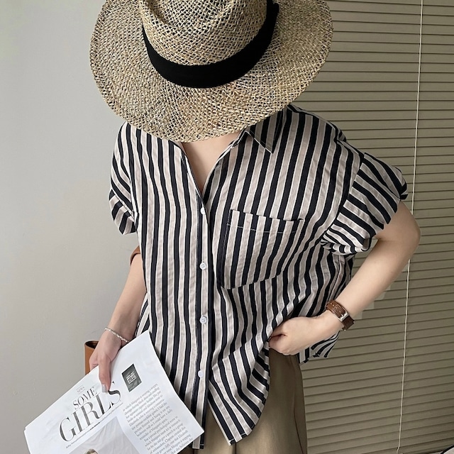 Puff sleeves striped shirt　101433