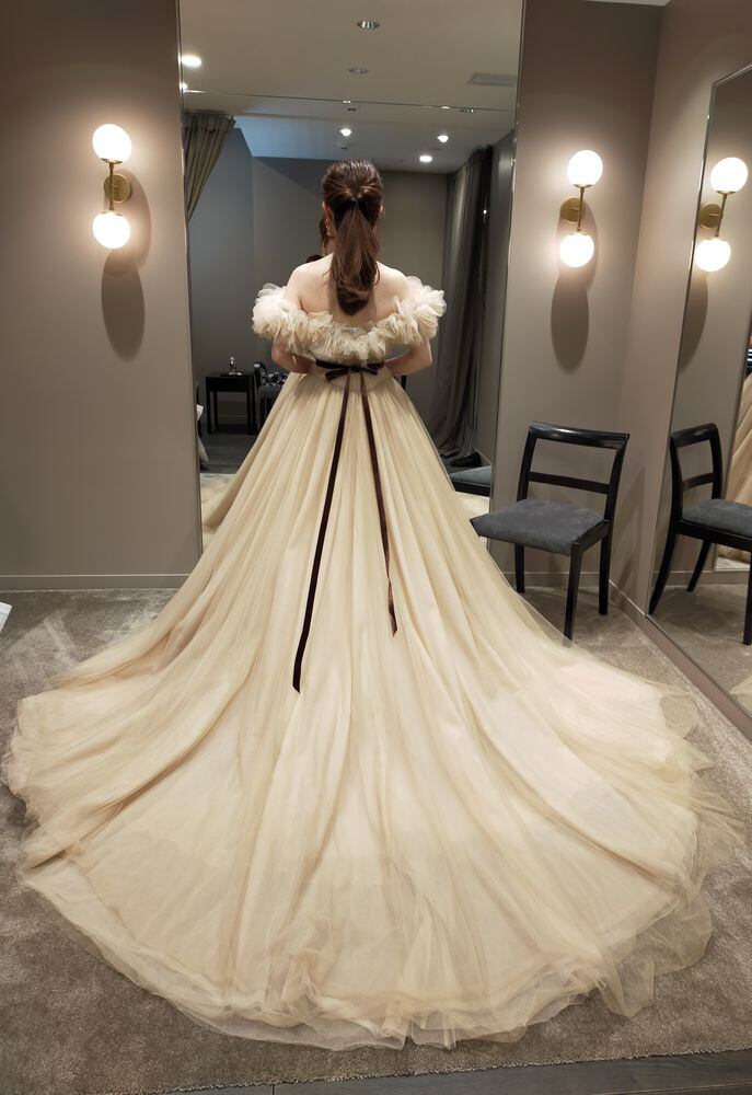 カラードレス 可愛い オフショル サッシュベルト ロングトレーン 謝恩  