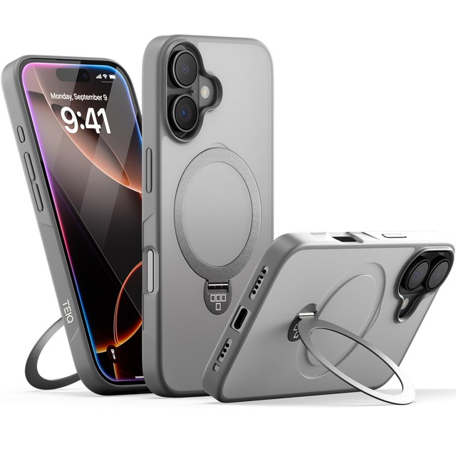 TEIQ iPhone16 ケース 360°回転リング スタンド MagSafe対応 ワイヤレス充電対応 カバー アイフォン 16 用 (グレー)