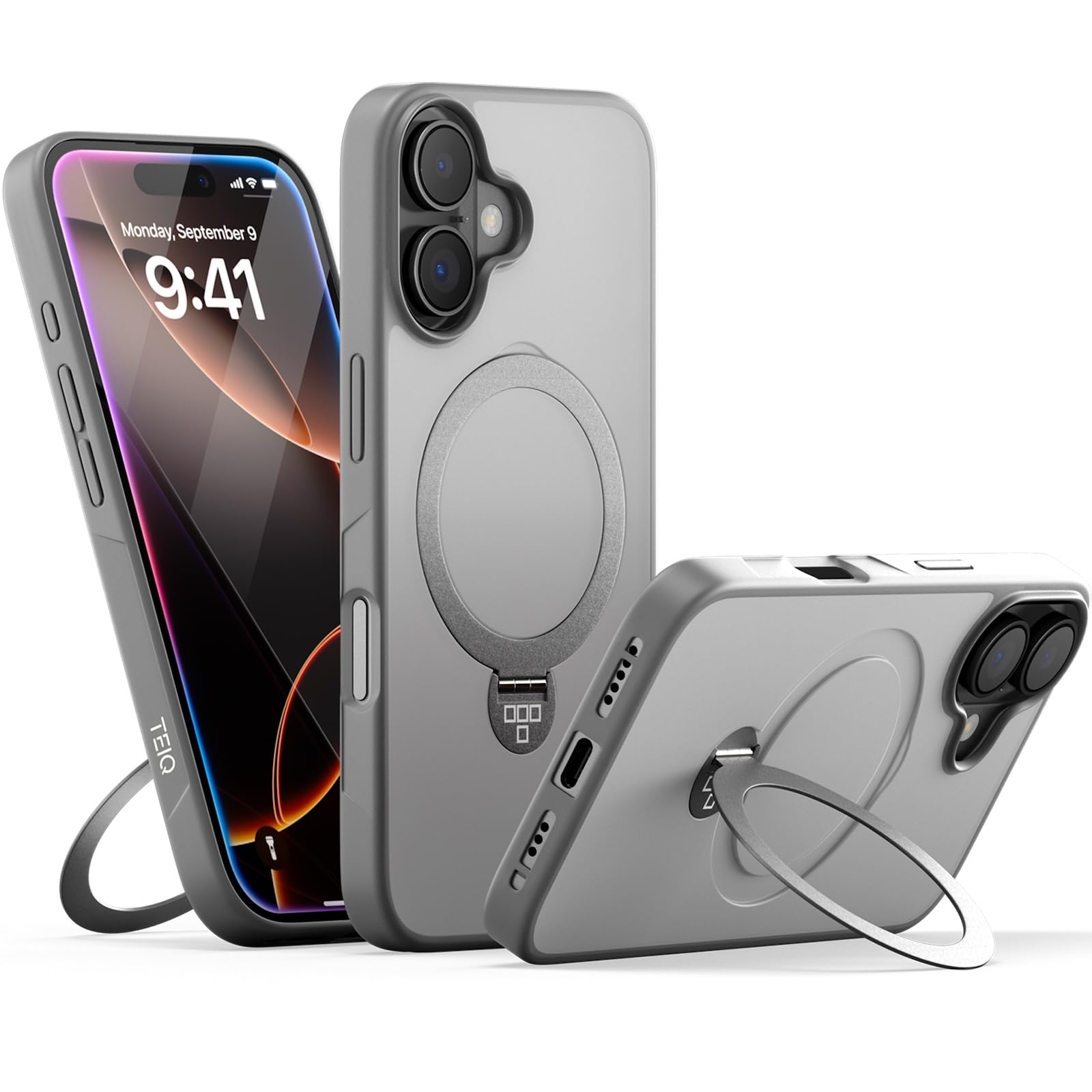 TEIQ iPhone16 ケース 360°回転リング スタンド MagSafe対応 ワイヤレス充電対応 カバー アイフォン 16 用 (グレー)