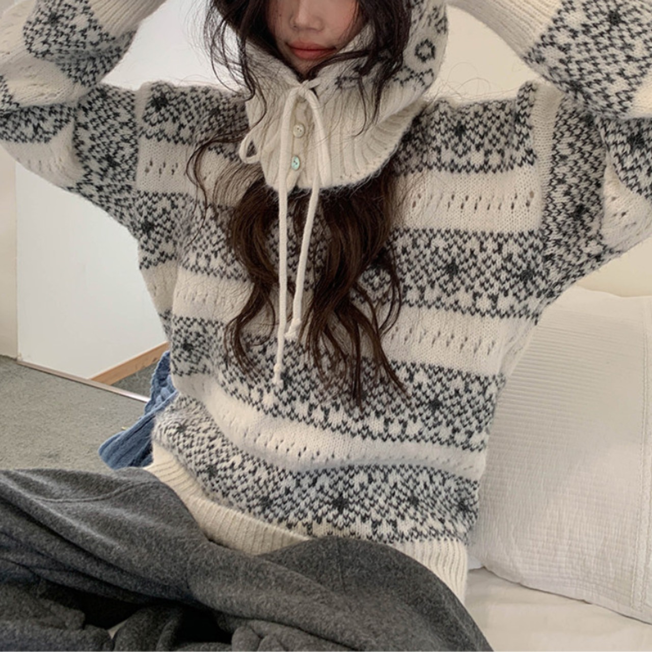 fair isle knit with removable hood　J00396