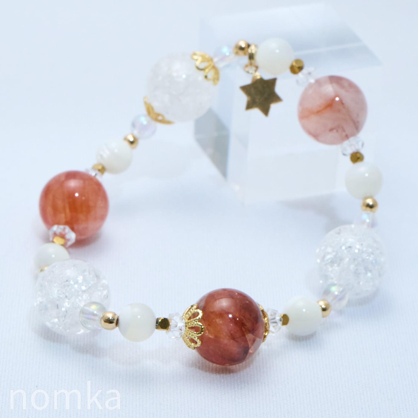 慈愛の活力と処方箋】レッドクォーツ×クラック水晶 デザインゴムブレス