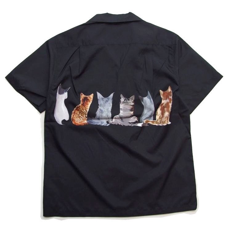 UNIVERD72 アロハシャツ 猫柄シャツ 黒 ユニバード アロハ メンズ ...