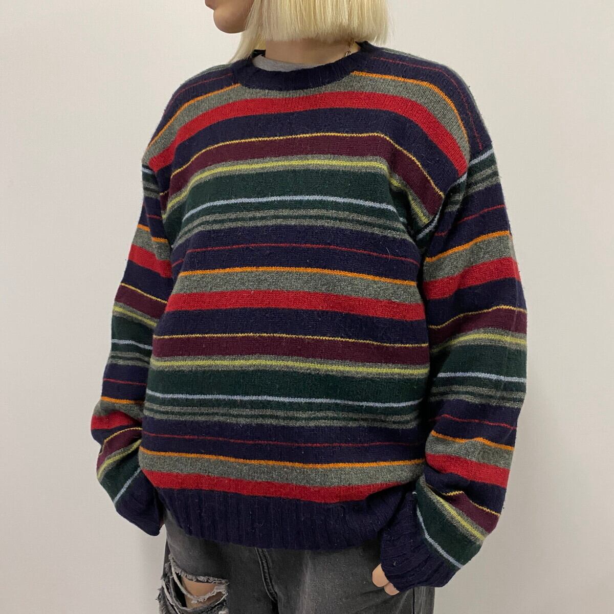 90s J CREW ボーダー ウール ニットセーター S 2トーン オールド