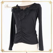 社交ダンス 衣装 トップス ブラウス ブラック系 チャコットロイヤルダンス Chacott ROYAL DANCE 日本製 黒 フリル 上品 練習 レッスン 伸縮 ストレッチ 長袖 かわいい 華やか レース ダンス衣装 イベント ステージ パーティー