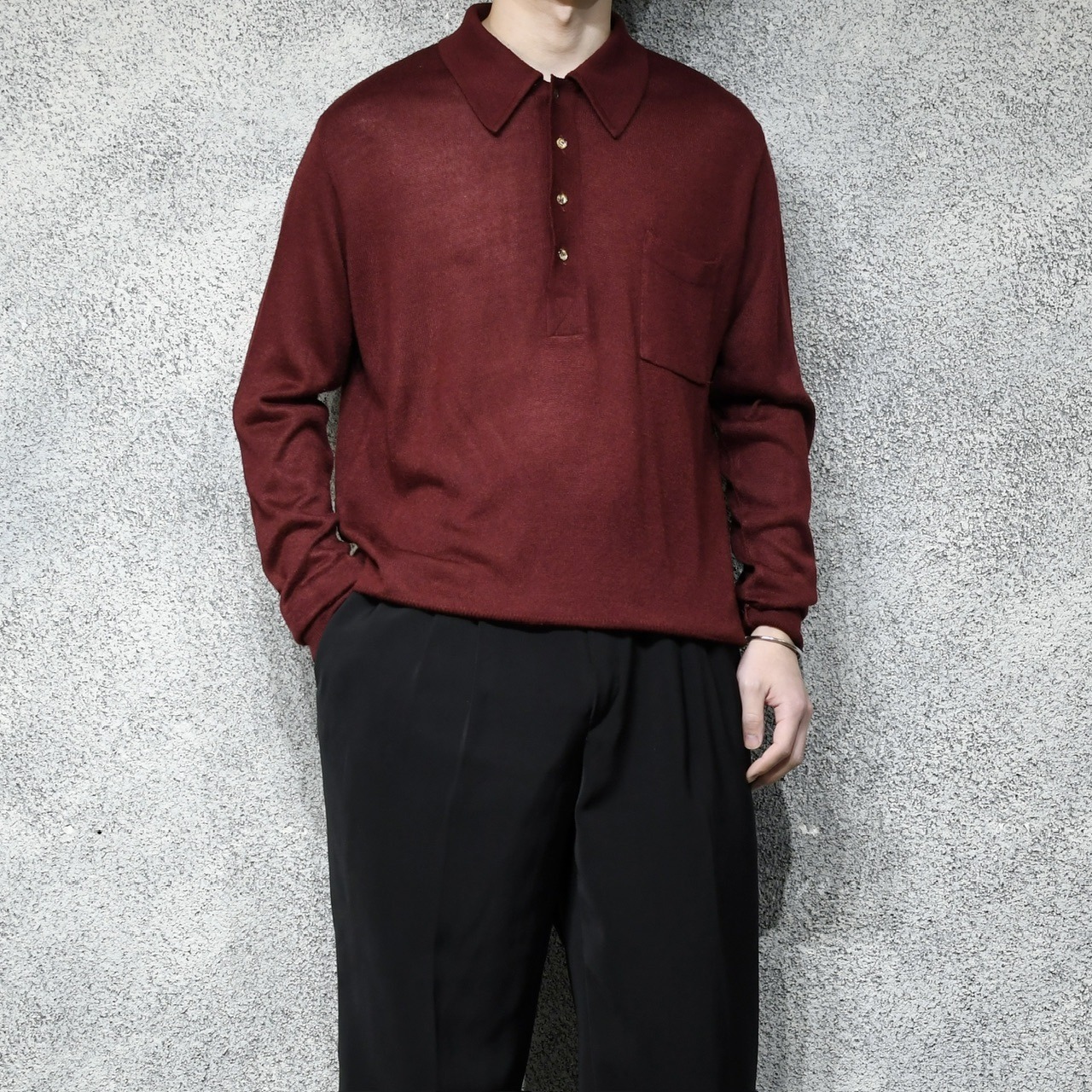 70's~ 4B acryl knit polo burgundy