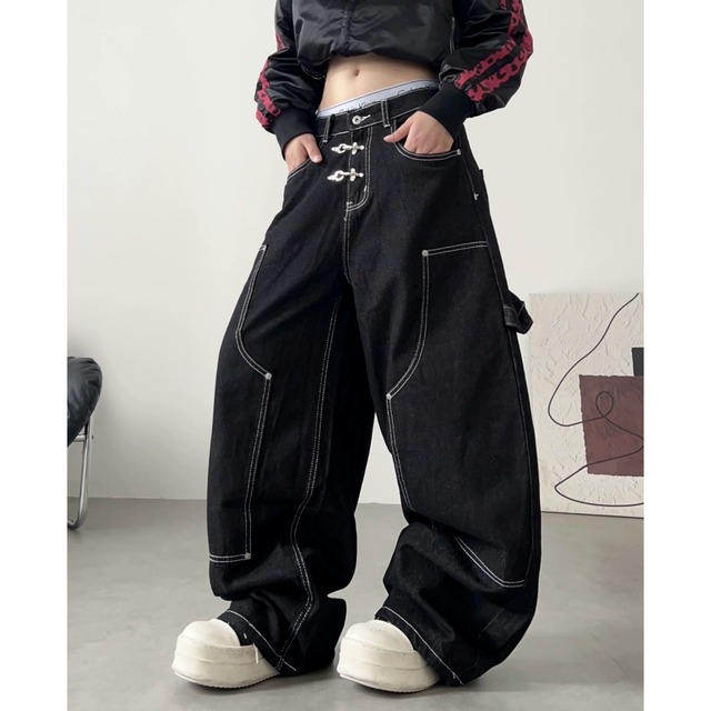 ツインバックルステッチボリュームカーブデニムパンツ 1col R02812