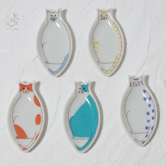 九谷焼オリジナルブランド　ハレクタニ　ネコ箸置き豆皿5点セット