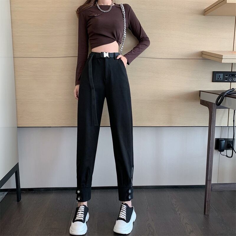 パンツ ハイウェスト薄手スプリングブラック 春物 ブラックストロベリース25571430631