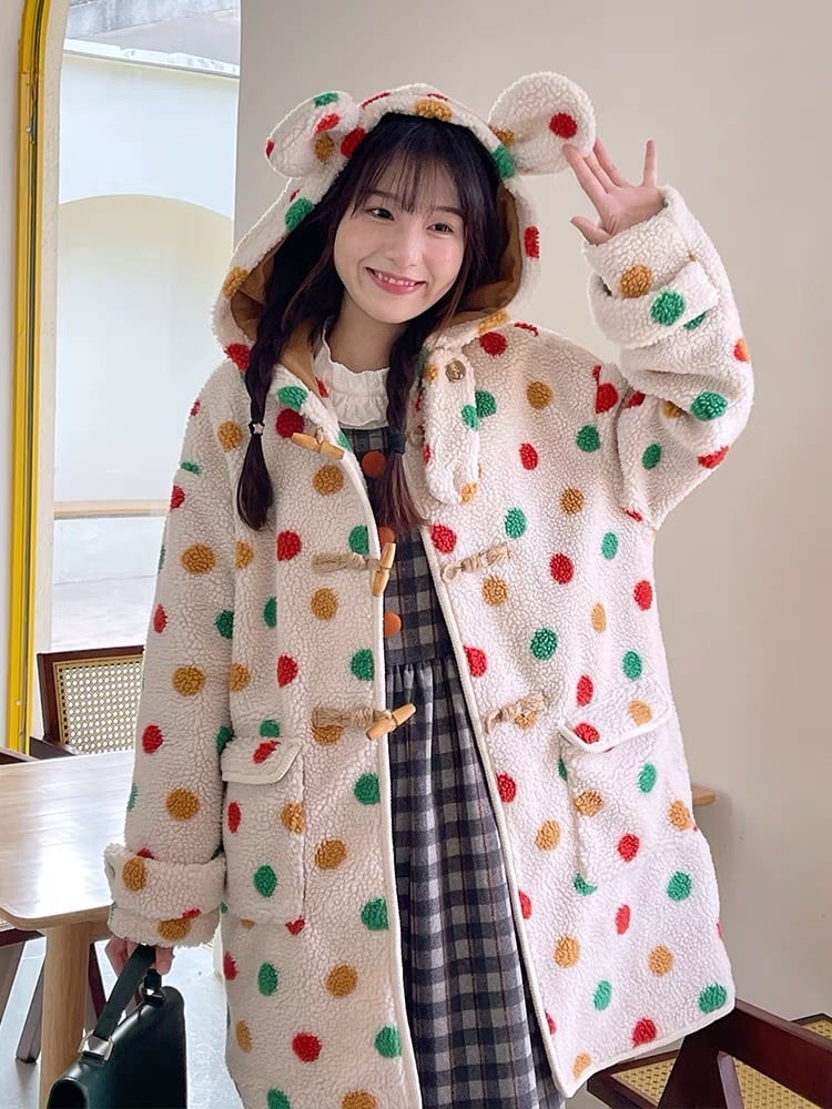 コート チェック ピンク 水玉 ドット フリース 可愛い 原宿 渋谷 JK