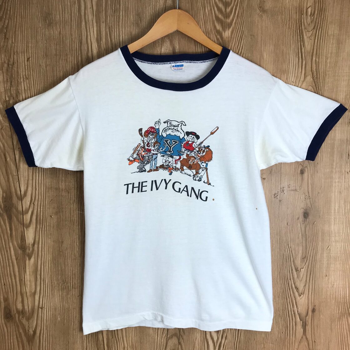 USA製 70s VINTAGE Champion THE IVY GANG COLLEGE 染み込みプリント 
