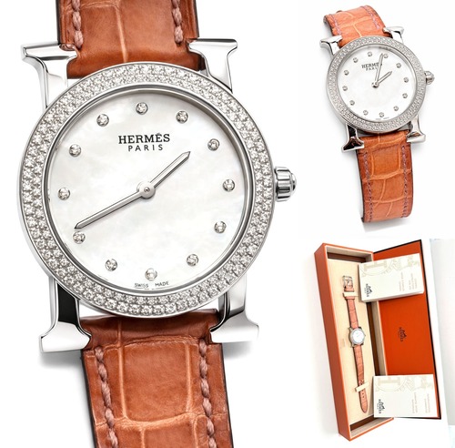 HERMES　エルメス　Hウォッチ　ロンド ダイヤモンド　シェル　純正　パヴェ ダイヤ　時計　レディース　ケース付き