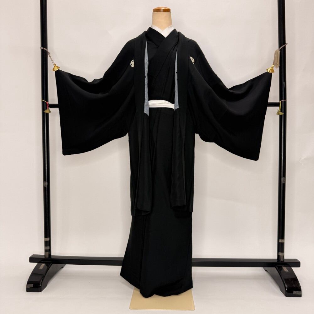 男紋付 男着物 黒紋付 正絹 羽織 長着 裄75.8cm 3L size 黒 五つ紋 中古 成人式 舞台衣装 6357