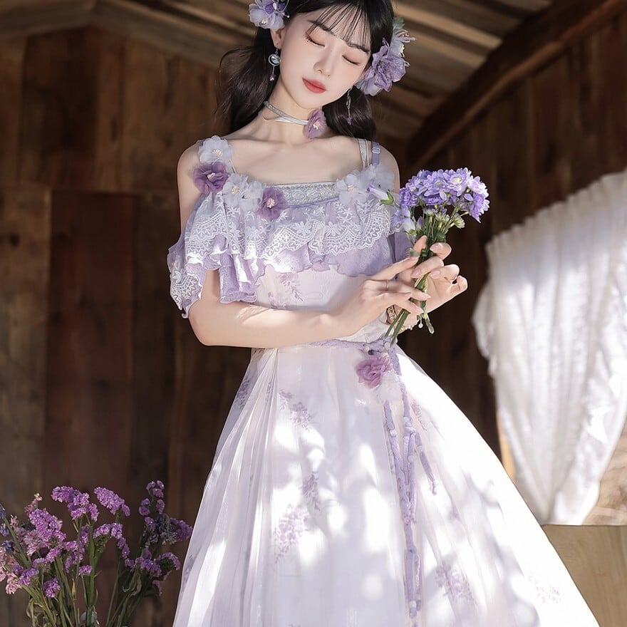 ロリータ ラベンダー花柄ケープ付きJSK お茶会向けワンピース