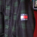 90s TOMMY HILFIGER フリースコート ブラックウォッチ ミドル丈 フード付き M