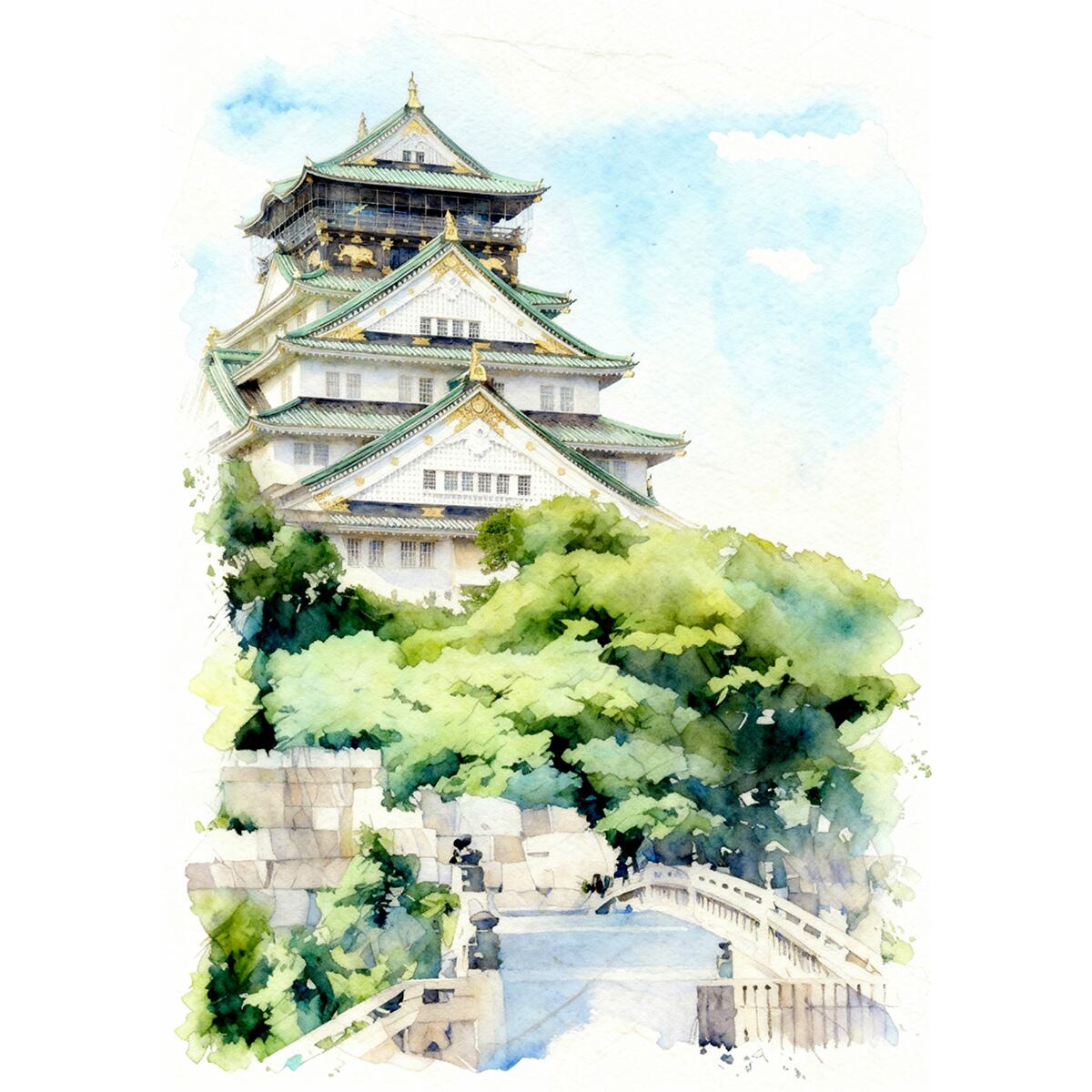 絵画 風景画 日本の城 大阪城 インテリアアート額付き 水彩画・油絵風 WAT0986