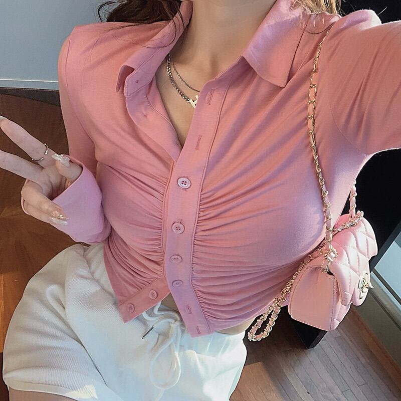 プリーツブラウス オータムTシャツ ロング ピンク 秋物 ピュア ガールズファッション16609426793