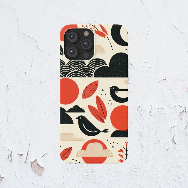 受注生産 iPhoneケース 赤い花と月の民芸柄｜ボタニカル FMSY018C