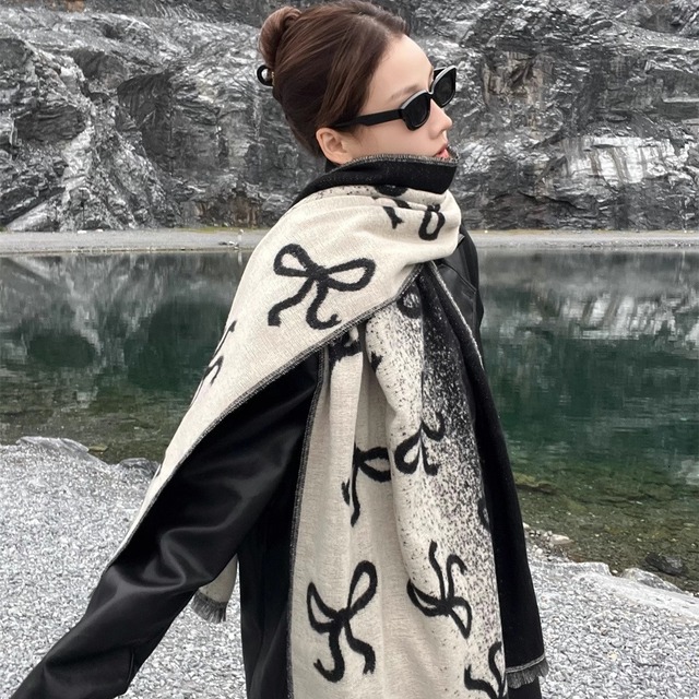 リボン＋グラデーション ワイドマフラー・ショール ブラック WT00072