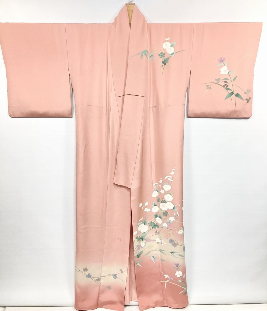 正絹京友禅手描き金駒押切もえさん万寿菊吉祥季節の花々訪問着西陣織大光謹製袋帯 手描き友禅 四季の花々 訪問着 袷 正絹 サーモンピンク クリーム 白