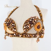 ベリーダンス オリエンタル 衣装 上下セット ブラウン系 トップス スカート ラインストーン ビーズ 花 茶 橙 ラメ キラキラ 豪華 装飾 華やか スリット ダンス衣装 ステージ イベント 落ち着いた色 かわいい オレンジ系 ピンク系