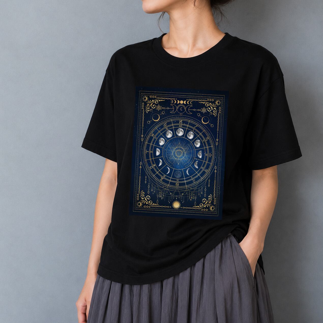 月の満ち欠け・12星座 Tシャツ BLACK・カラー(men&women)