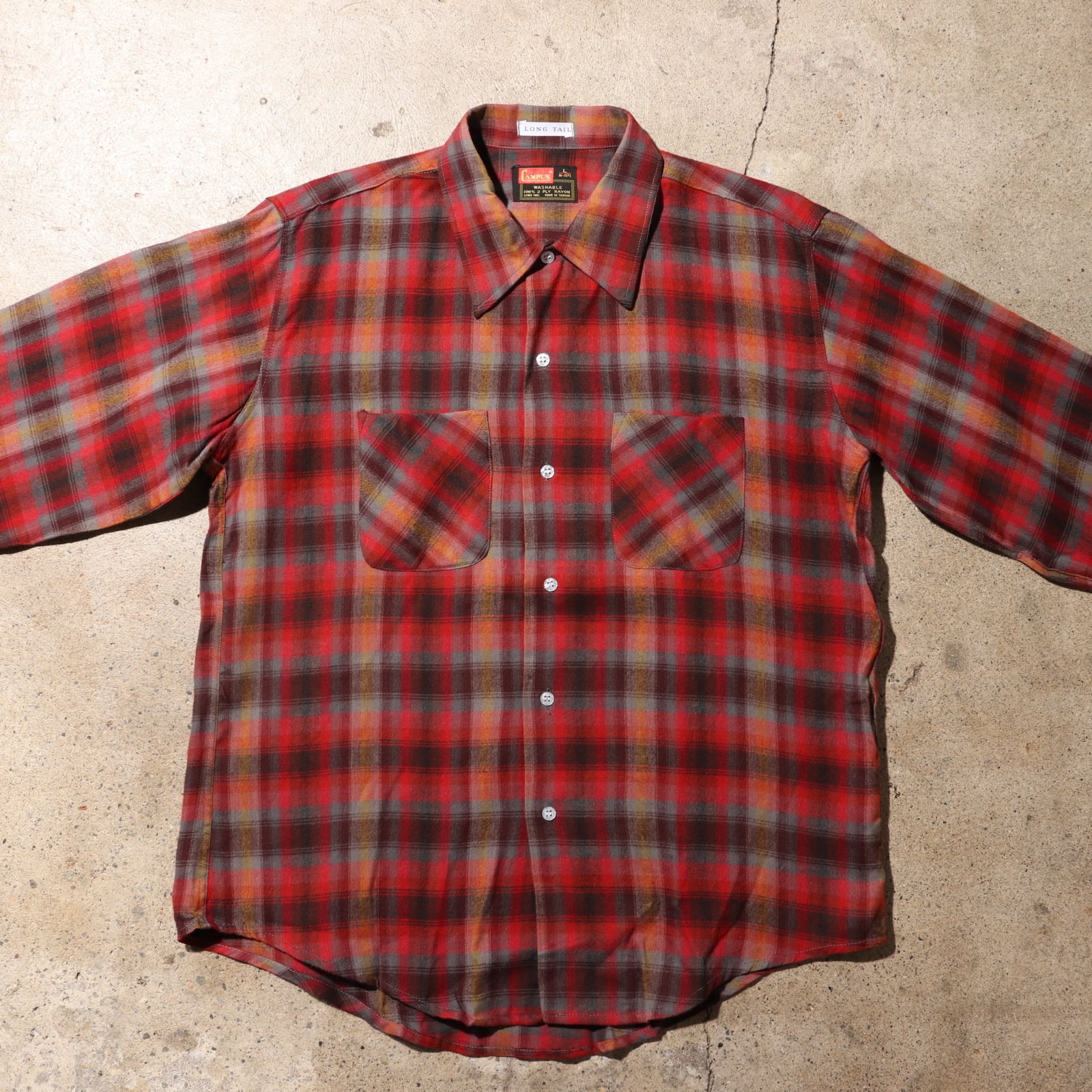 Deadstock L 70s レーヨン オンブレチェックシャツ 長袖 CAMPUS 赤 